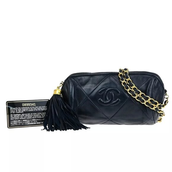 CHANEL Matelasse Tassel Chain Mini Shoulder Bag Leather Navy Vintage 660RK687 - Picture 1 of 14